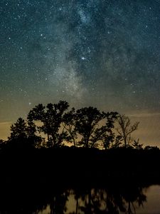 Preview wallpaper trees, silhouettes, starry sky, night, river, reflection