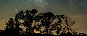 Preview wallpaper trees, silhouettes, starry sky, night, river, reflection