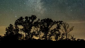 Preview wallpaper trees, silhouettes, starry sky, night, river, reflection