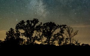 Preview wallpaper trees, silhouettes, starry sky, night, river, reflection