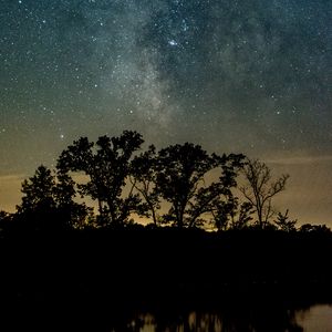 Preview wallpaper trees, silhouettes, starry sky, night, river, reflection
