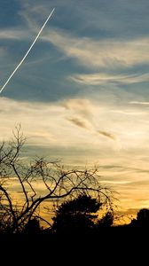 Preview wallpaper trees, silhouettes, twilight, evening, sky, plane, traces