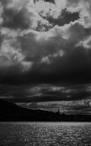 Preview wallpaper trees, silhouettes, water, clouds, glare, bw, black and white