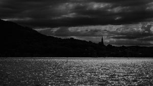 Preview wallpaper trees, silhouettes, water, clouds, glare, bw, black and white