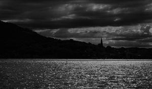 Preview wallpaper trees, silhouettes, water, clouds, glare, bw, black and white