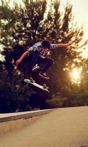 Preview wallpaper trees, skateboard, boy, skate, street