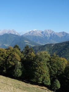 Preview wallpaper trees, slope, mountains, landscape, peaks