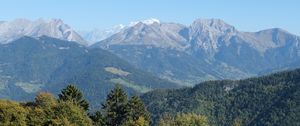 Preview wallpaper trees, slope, mountains, landscape, peaks