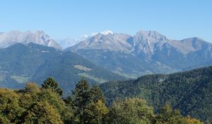 Preview wallpaper trees, slope, mountains, landscape, peaks