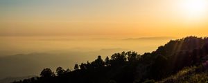 Preview wallpaper trees, slope, mountains, fog, sunset, nature