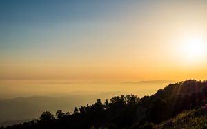 Preview wallpaper trees, slope, mountains, fog, sunset, nature