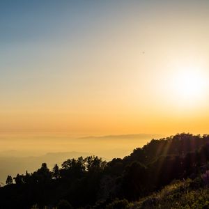 Preview wallpaper trees, slope, mountains, fog, sunset, nature