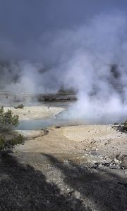 Preview wallpaper trees, smoke, steam, lake, sources, nature