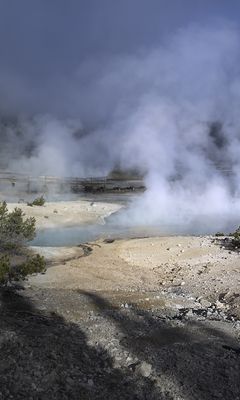 240x400 Wallpaper trees, smoke, steam, lake, sources, nature