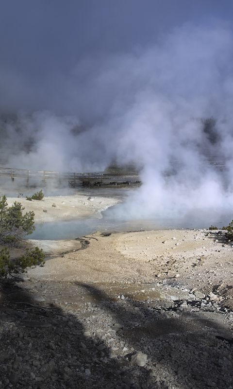 480x800 Wallpaper trees, smoke, steam, lake, sources, nature
