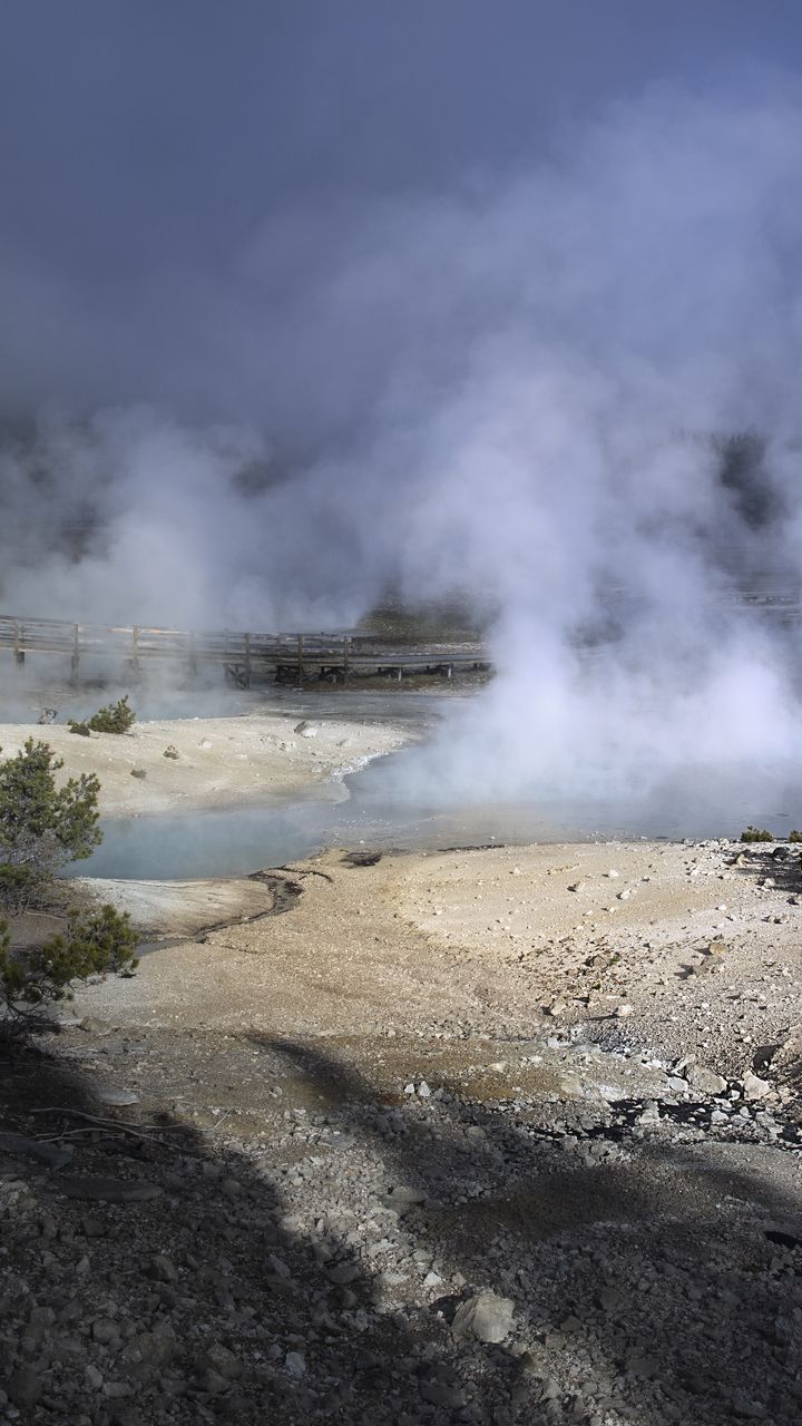 720x1280 Wallpaper trees, smoke, steam, lake, sources, nature