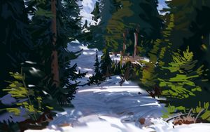 Preview wallpaper trees, spruce, snow, path, art