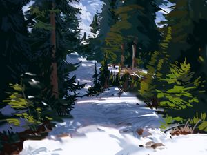 Preview wallpaper trees, spruce, snow, path, art