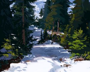 Preview wallpaper trees, spruce, snow, path, art