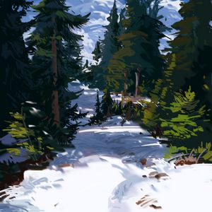 Preview wallpaper trees, spruce, snow, path, art