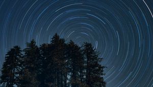 Preview wallpaper trees, starry sky, long exposure, rotation, night, dark