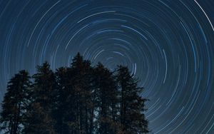 Preview wallpaper trees, starry sky, long exposure, rotation, night, dark