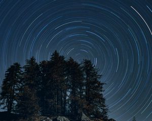 Preview wallpaper trees, starry sky, long exposure, rotation, night, dark