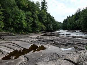 Preview wallpaper trees, stones, river, relief, landscape, nature