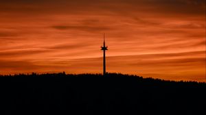 Preview wallpaper trees, tower, silhouettes, horizon, sunset, dark