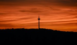 Preview wallpaper trees, tower, silhouettes, horizon, sunset, dark