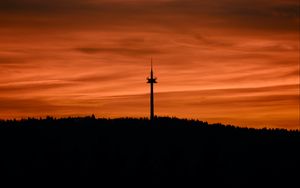 Preview wallpaper trees, tower, silhouettes, horizon, sunset, dark
