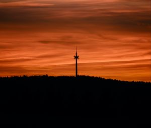 Preview wallpaper trees, tower, silhouettes, horizon, sunset, dark