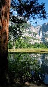 Preview wallpaper trees, trunks, falls, lake, mountains