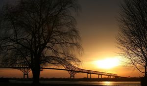 Preview wallpaper trees, twilight, bridge, sight, outlines