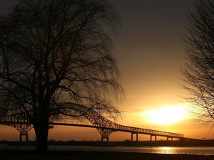 Preview wallpaper trees, twilight, bridge, sight, outlines