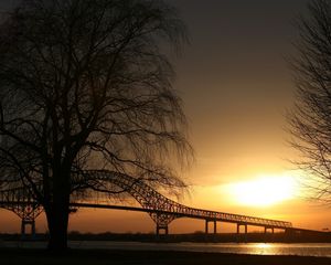 Preview wallpaper trees, twilight, bridge, sight, outlines