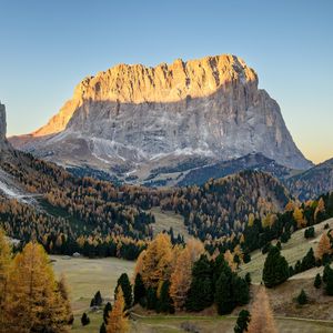 Preview wallpaper trees, valley, rock, mountain, landscape