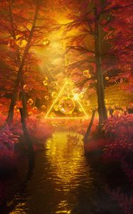 Preview wallpaper trees, water, bubbles, triangle, neon, light, 3d