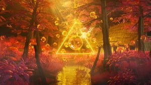 Preview wallpaper trees, water, bubbles, triangle, neon, light, 3d