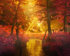 Preview wallpaper trees, water, bubbles, triangle, neon, light, 3d