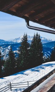 Preview wallpaper trees, winter, mountains, window
