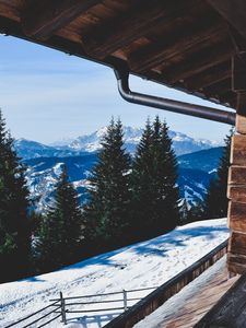 Preview wallpaper trees, winter, mountains, window
