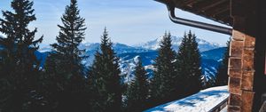 Preview wallpaper trees, winter, mountains, window