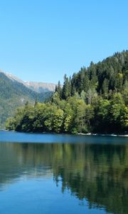 Preview wallpaper trees, wood, slopes, mountains, reservoir, house