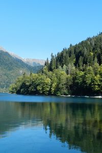 Preview wallpaper trees, wood, slopes, mountains, reservoir, house