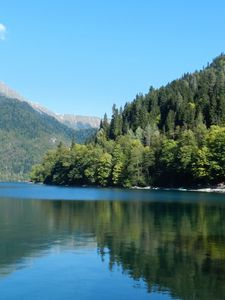 Preview wallpaper trees, wood, slopes, mountains, reservoir, house