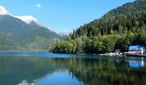 Preview wallpaper trees, wood, slopes, mountains, reservoir, house