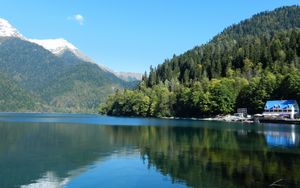 Preview wallpaper trees, wood, slopes, mountains, reservoir, house