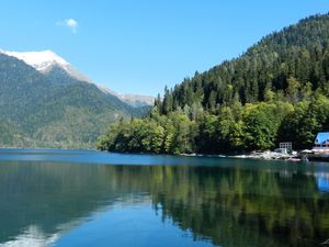 Preview wallpaper trees, wood, slopes, mountains, reservoir, house