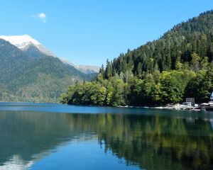 Preview wallpaper trees, wood, slopes, mountains, reservoir, house